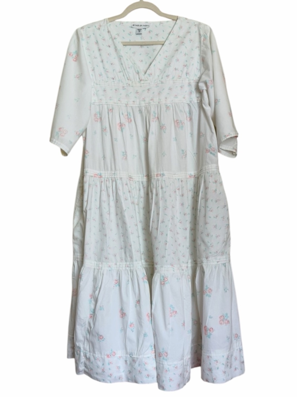 Star of India Women's Cream Floral Tiered 100% Cotton Vintage Midi Dress